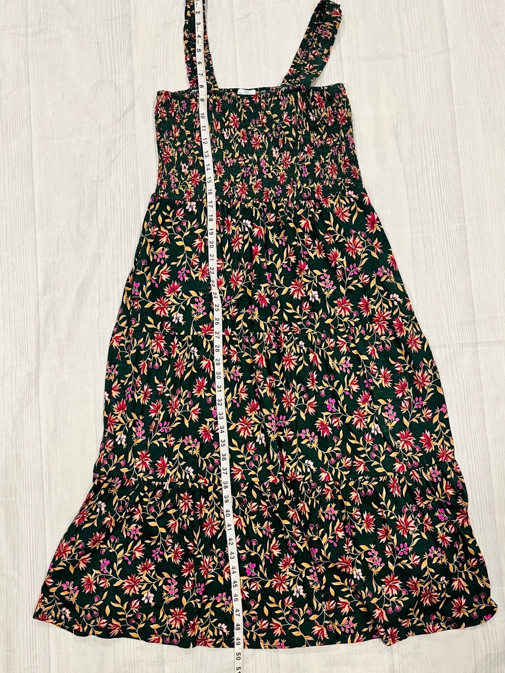 100% Organic Cotton Dark Green Floral Smocked Maxi Dress - Picture 6 of 8